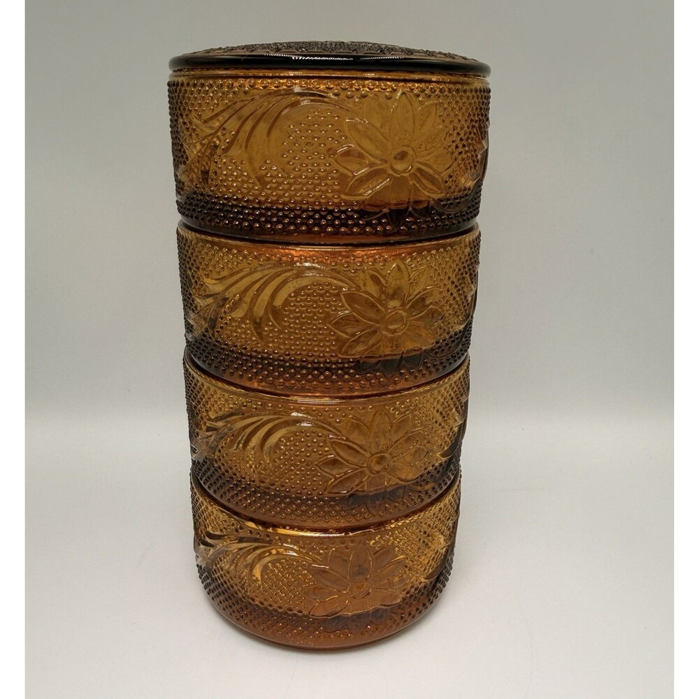 Vintage Indiana Tiara Amber Glass Sandwich Pattern 5pc Stacking Puff Box Trinket